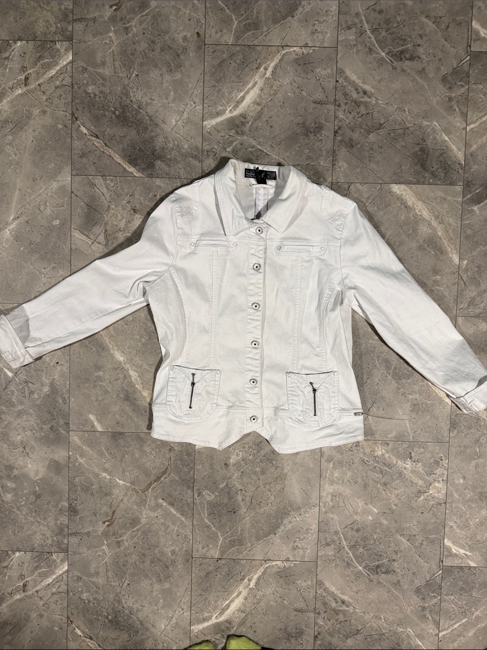 3/$45. Classic White Denim Jacket with Zip Pocket Accents